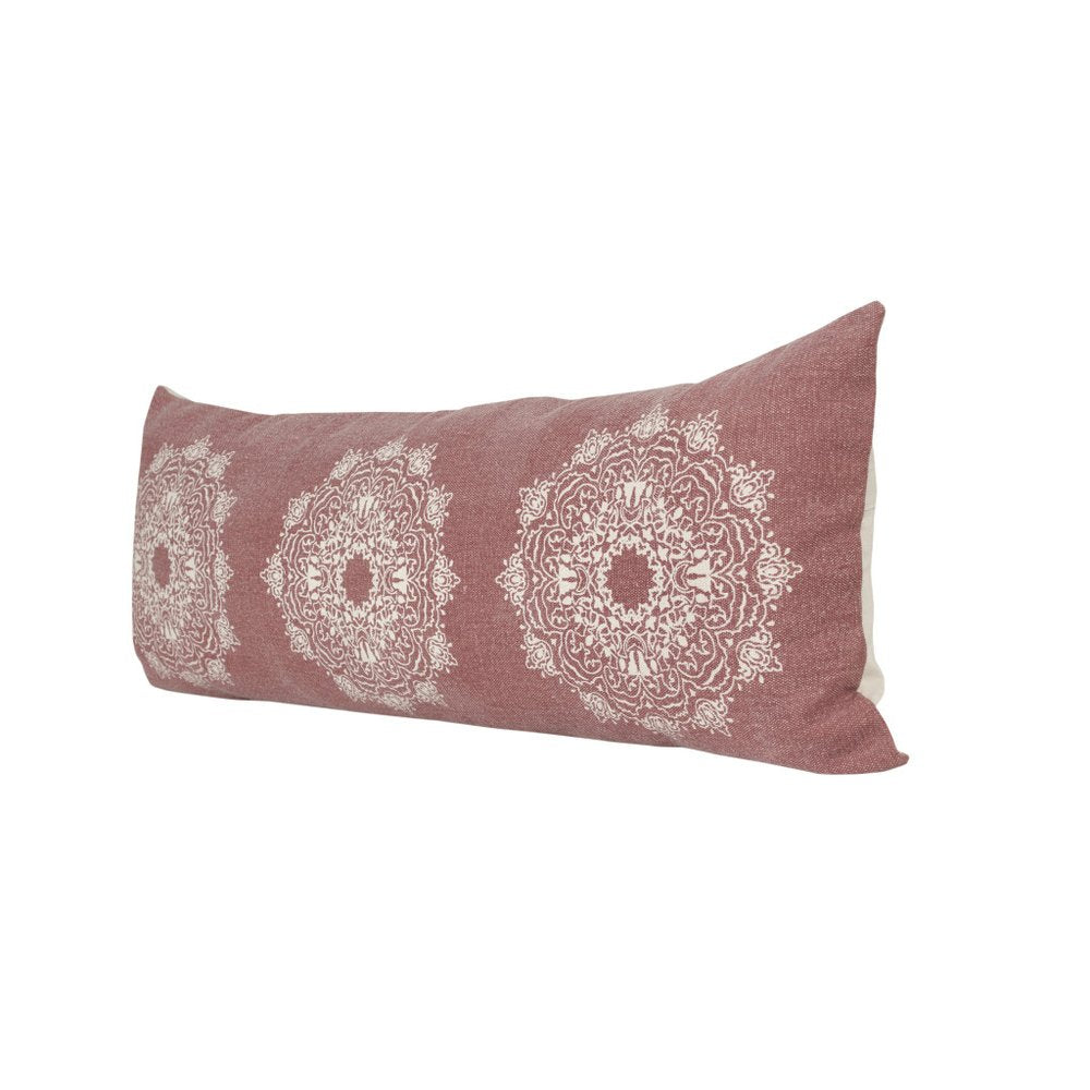 14" X 36" Red And White Lumbar Medallion Cotton Throw Pillow Cover