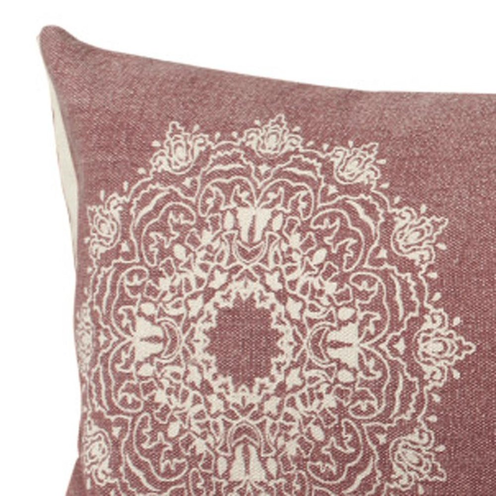 14" X 36" Dusty Rose And White Lumbar Medallion Cotton Throw Pillow Cover