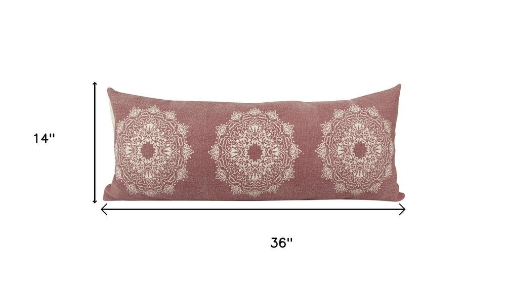 14" X 36" Dusty Rose And White Lumbar Medallion Cotton Throw Pillow Cover