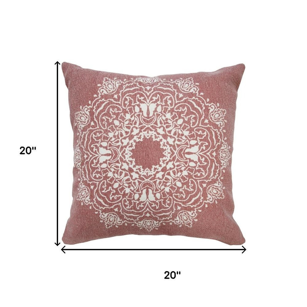 20" Red And White Medallion Cotton Throw Pillow Cover