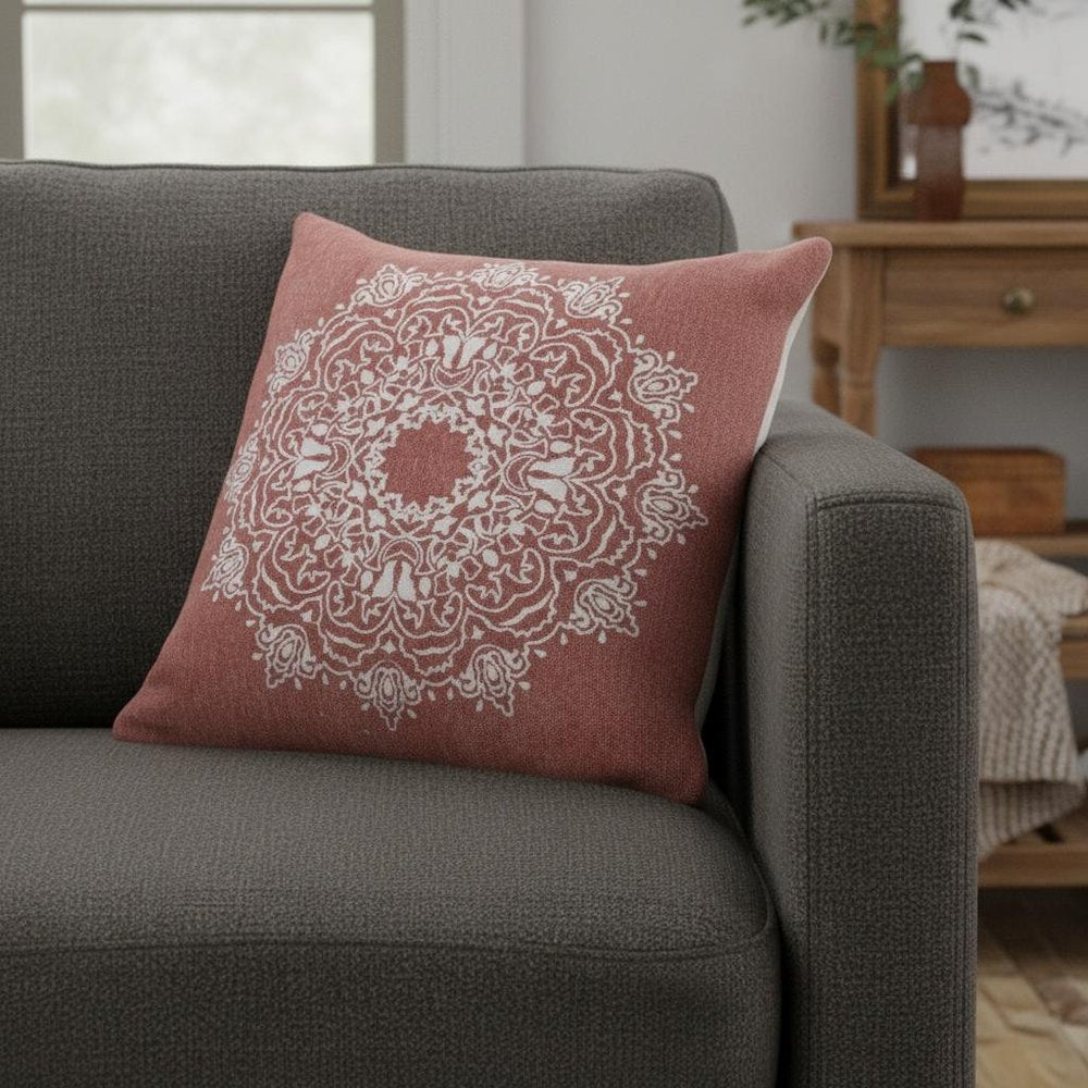 20" Dusty Rose And White Medallion Cotton Throw Pillow Cover