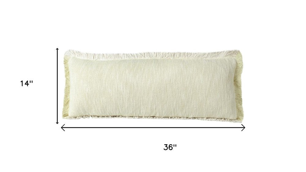 14" X 36" White And Yellow Lumbar Cotton Throw Pillow Cover with Fringe