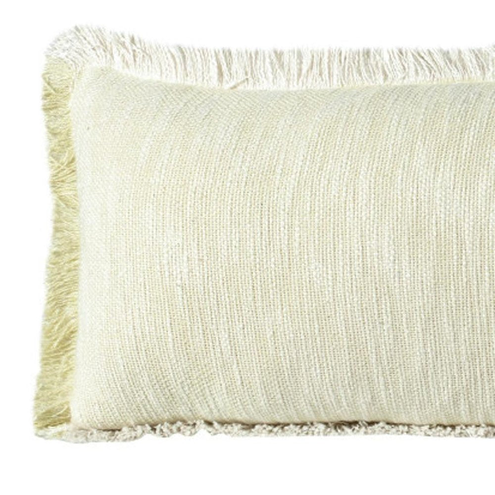 14" X 36" White And Yellow Lumbar Cotton Throw Pillow Cover with Fringe