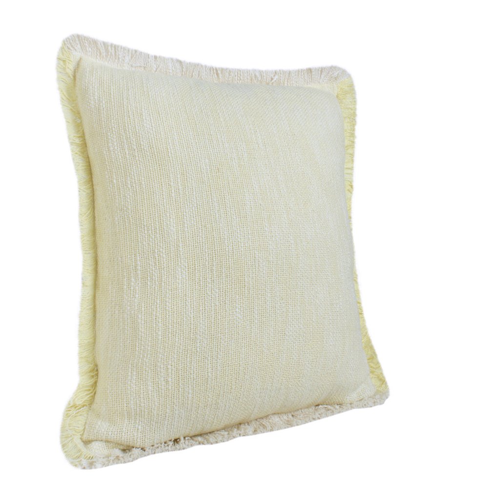 20" White And Yellow Cotton Throw Pillow Cover with Fringe