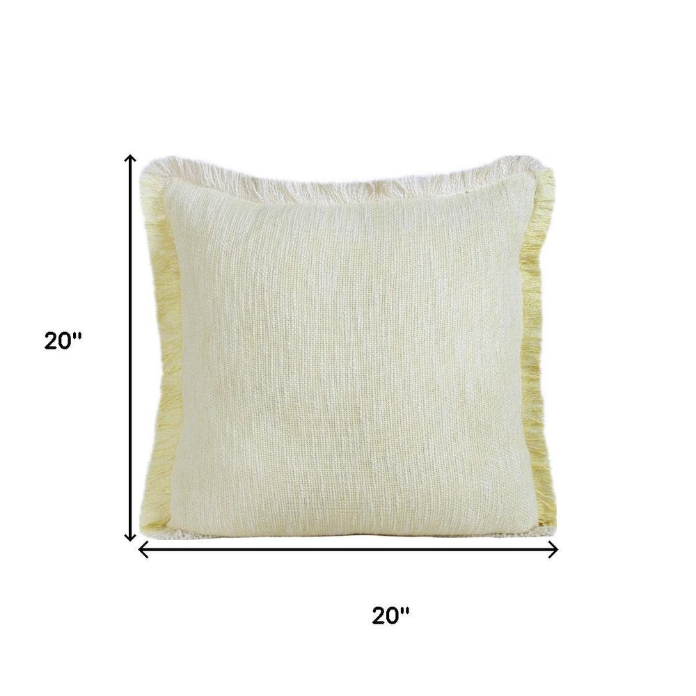 20" White And Yellow Cotton Throw Pillow Cover with Fringe