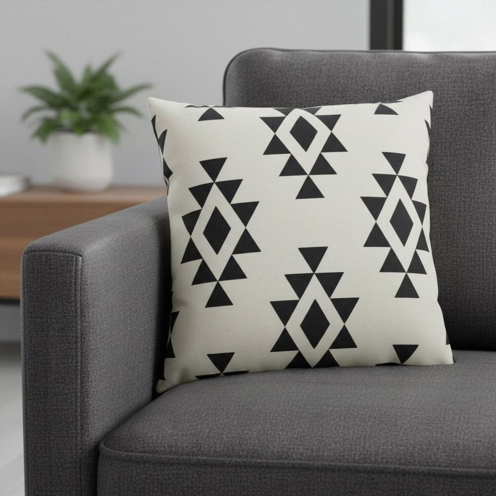20" Black And White Geometric Recycled Poly Linen Throw Pillow Cover