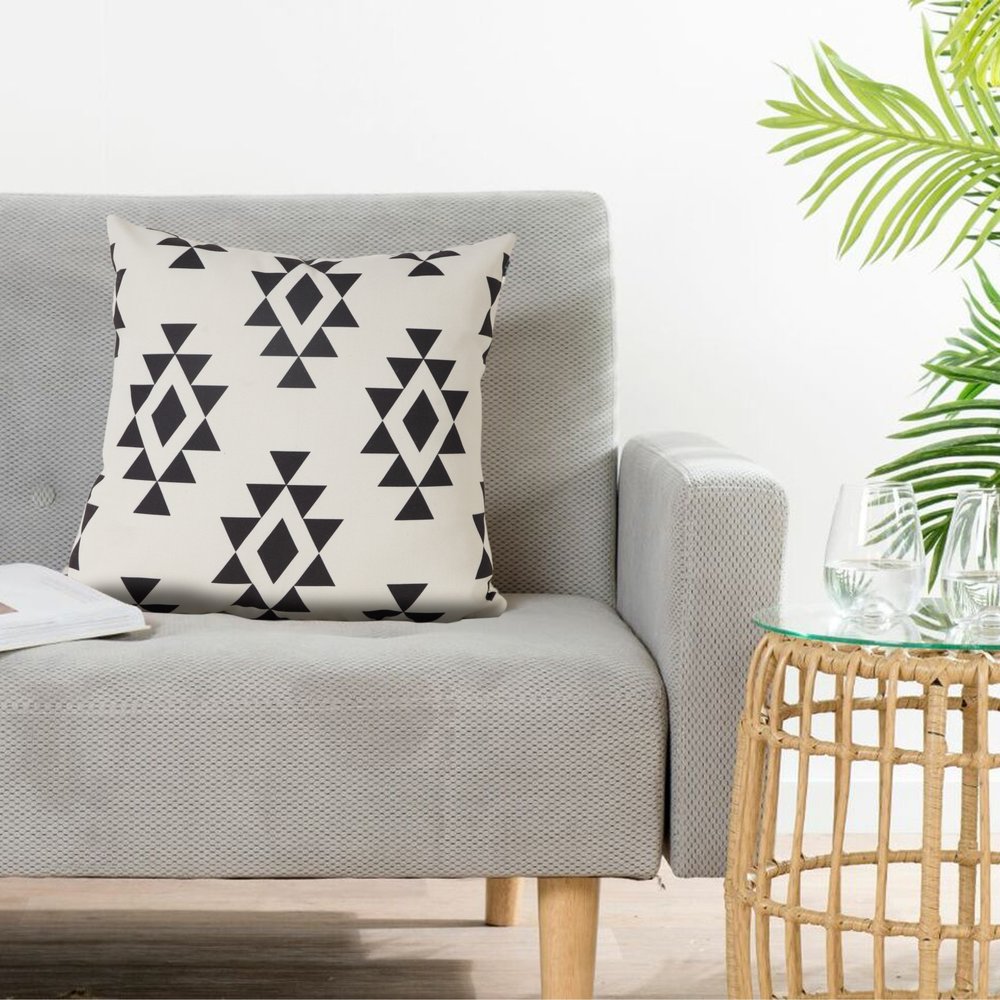 20" Black And White Geometric Recycled Poly Linen Throw Pillow Cover