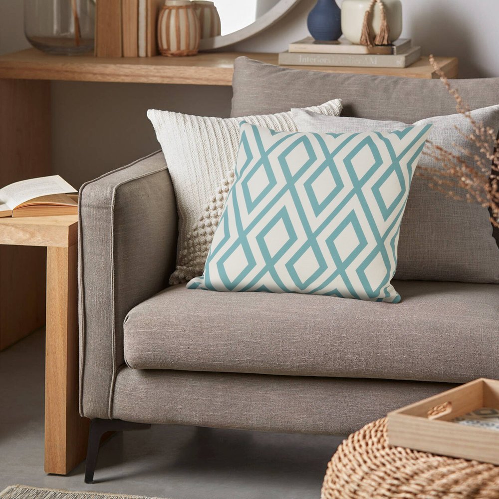 20" Blue And White Geometric Recycled Poly Linen Throw Pillow Cover