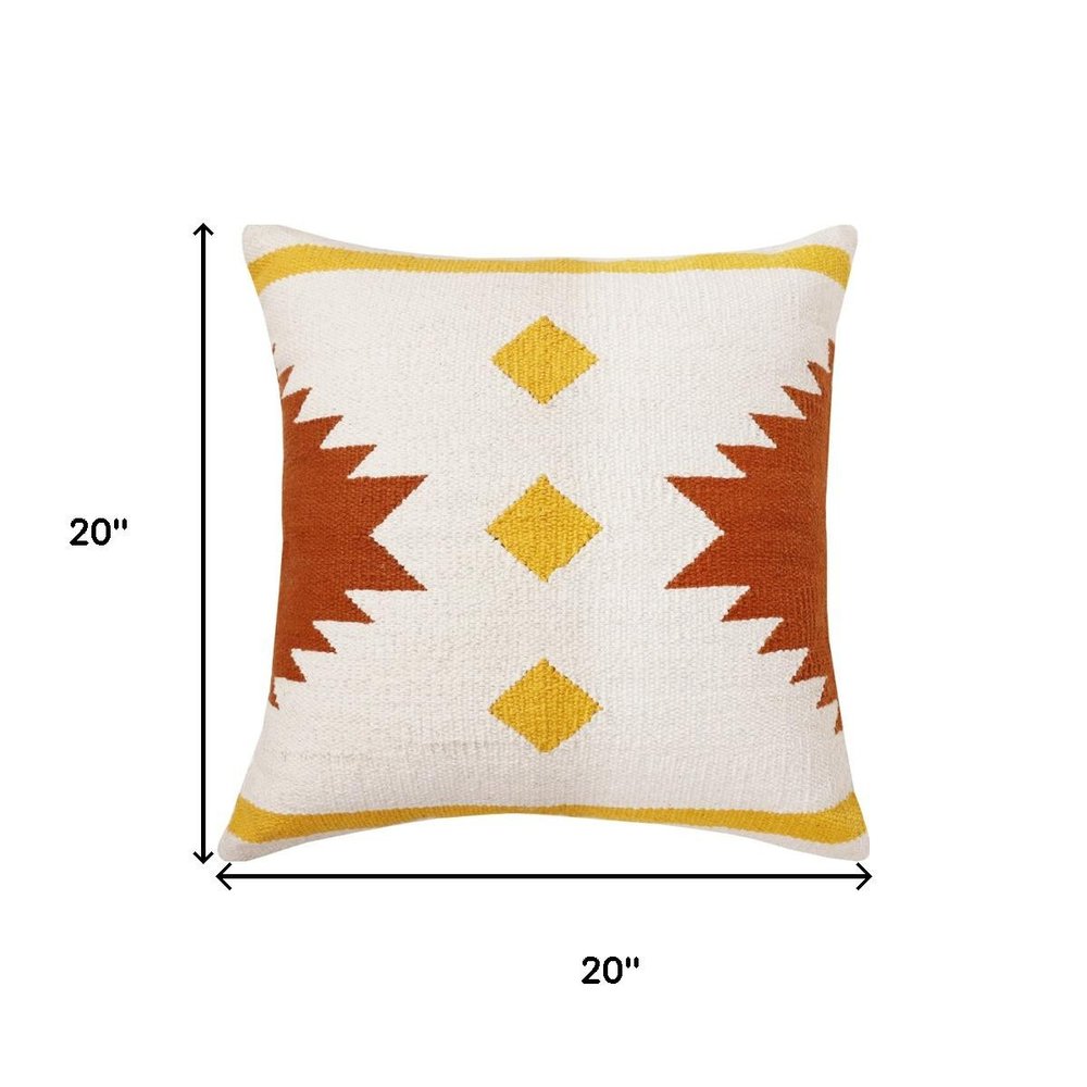 20" White Yellow And Red Southwestern Cotton Throw Pillow Cover
