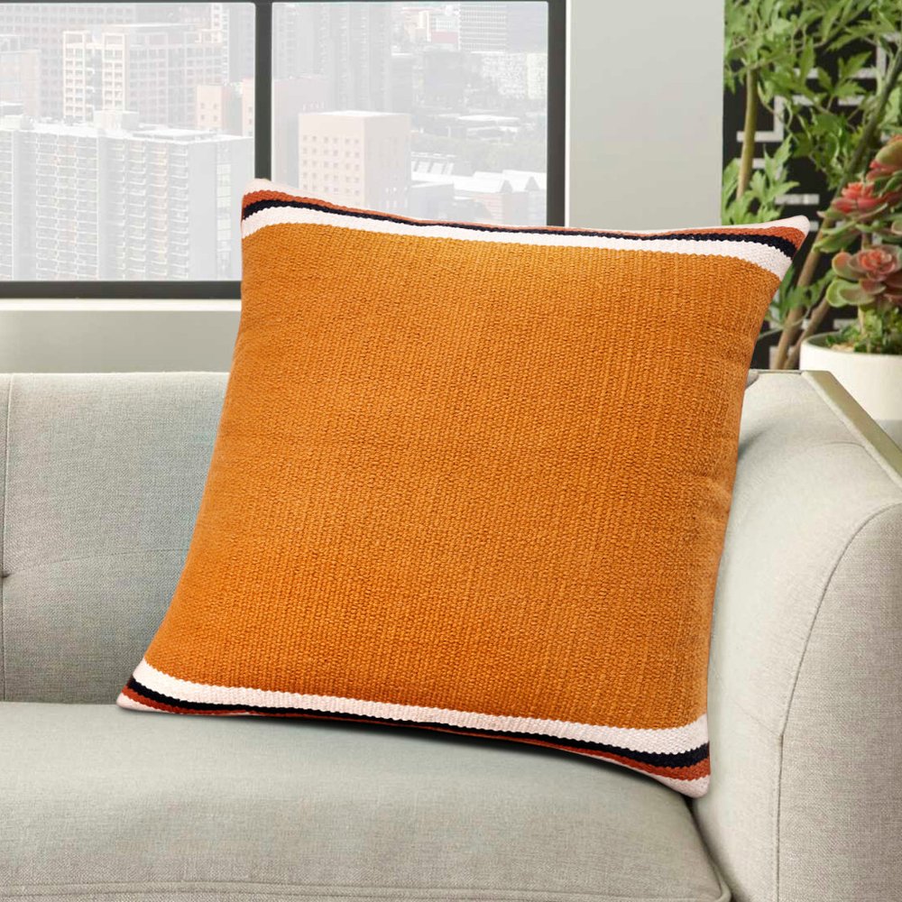 20" Orange And White Striped Cotton Throw Pillow Cover