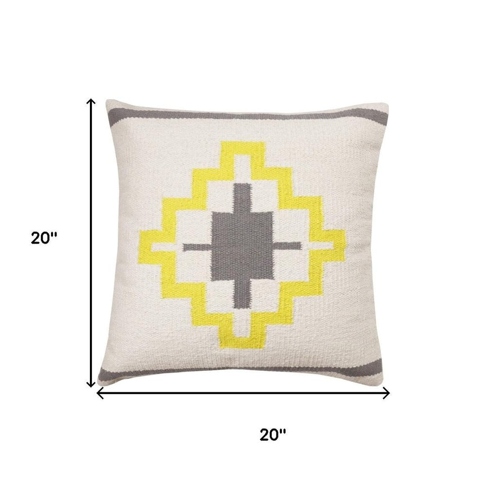 20" Gray White And Yellow Geometric Cotton Throw Pillow Cover