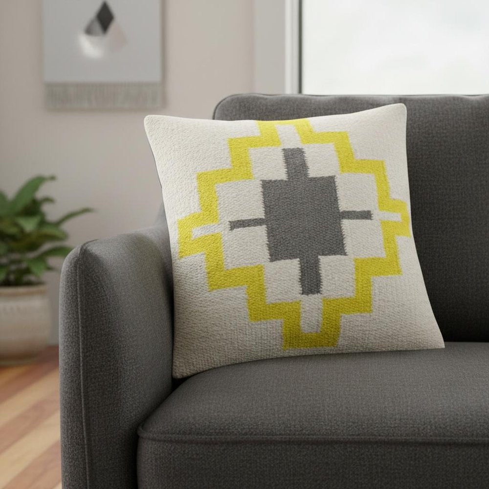 20" Gray White And Yellow Geometric Cotton Throw Pillow Cover