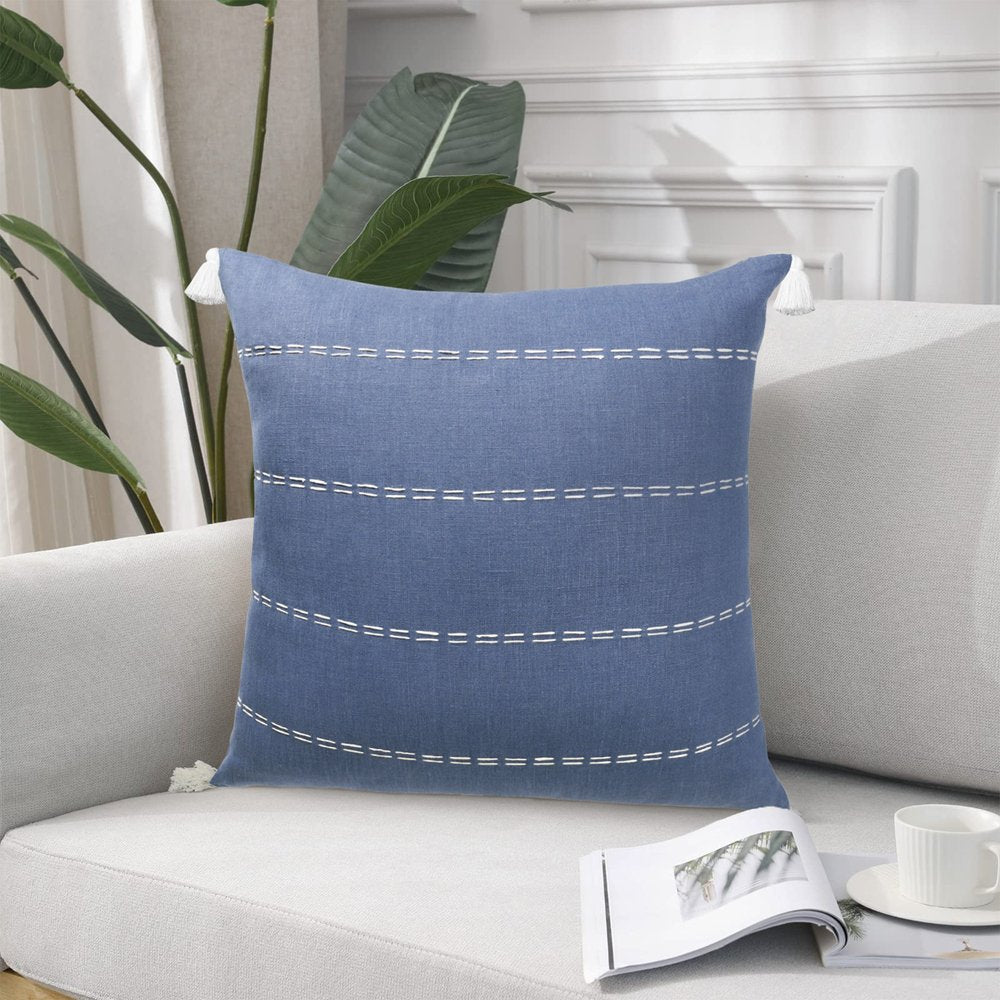 20" Blue And Ivory Striped Linen Throw Pillow Cover