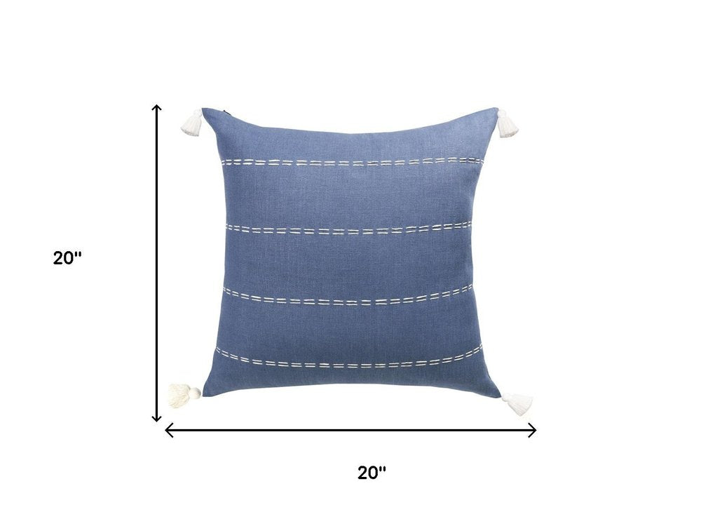 20" Blue And Ivory Striped Linen Throw Pillow Cover