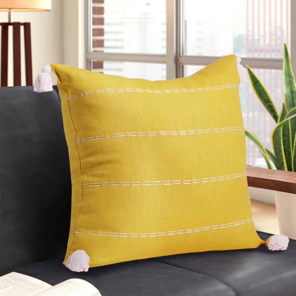 18" Yellow And Ivory Striped Linen Throw Pillow Cover
