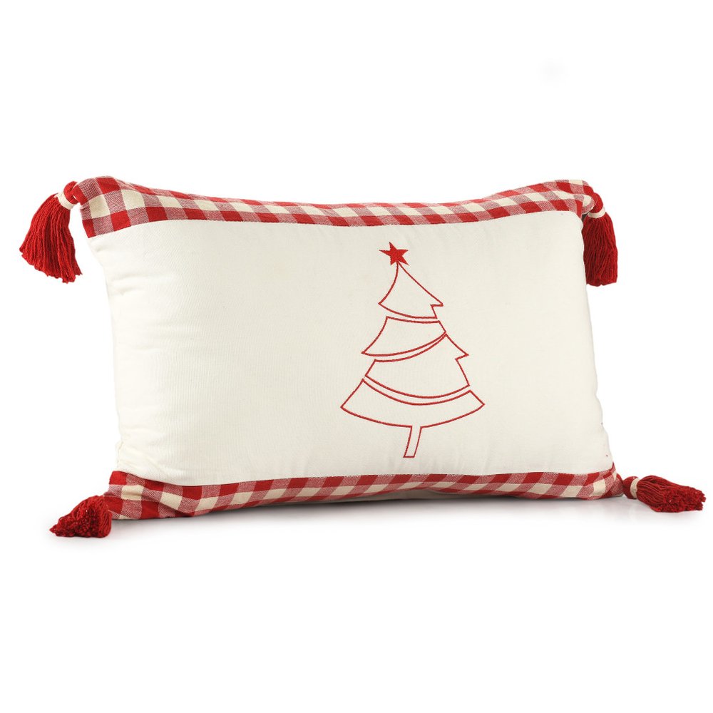 16" X 24" White And Red Lumbar Plaid Cotton Throw Pillow Cover