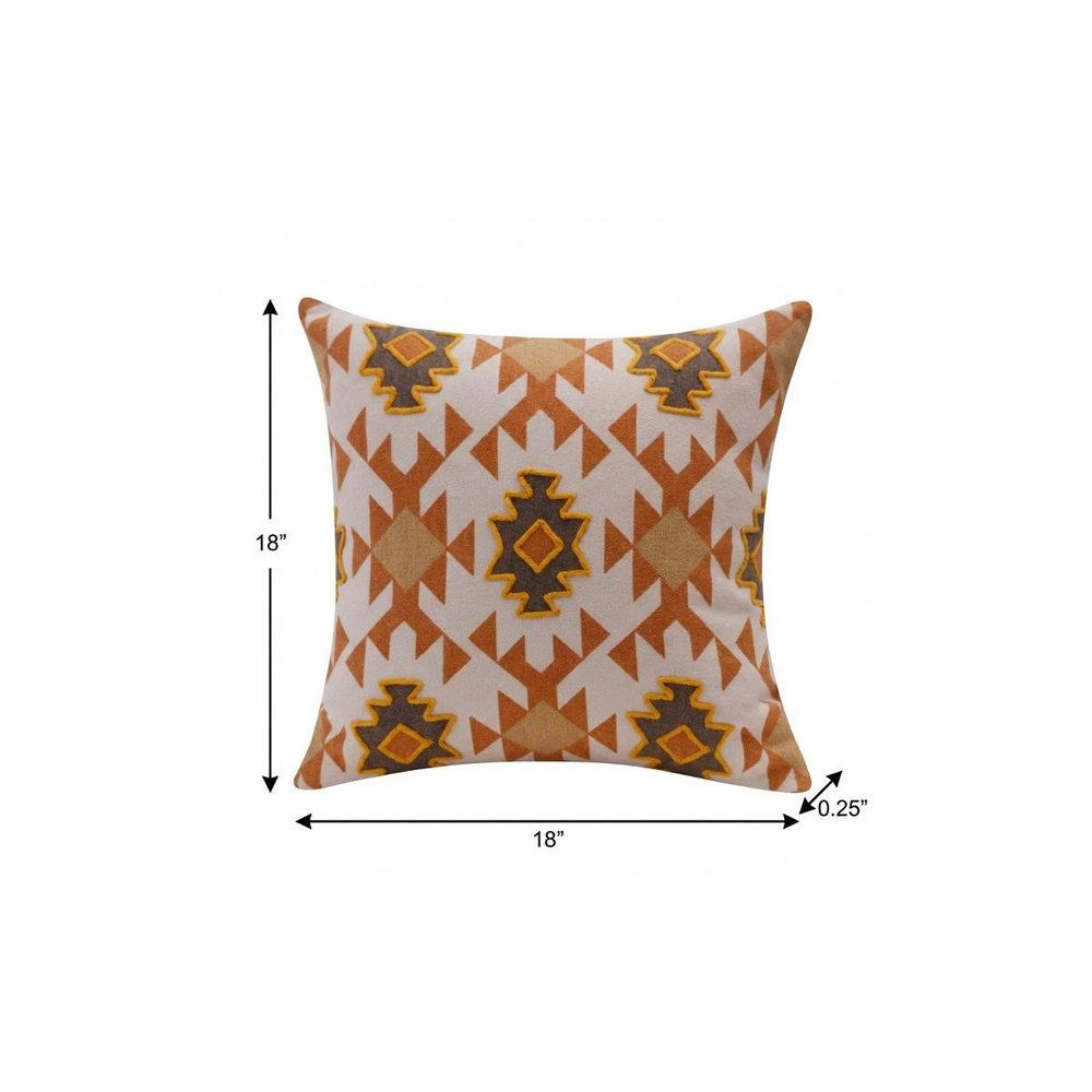 18" Orange And Off White Geometric Cotton Throw Pillow Cover