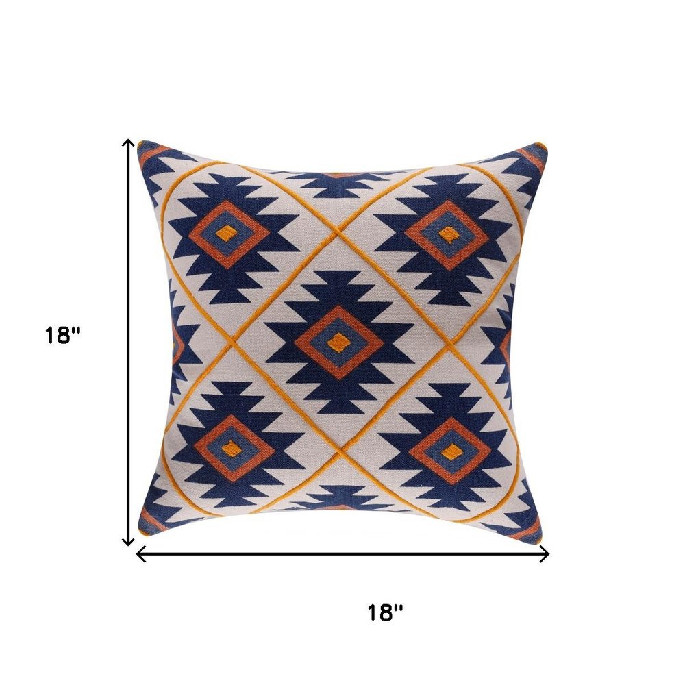 18" Blue And Orange Geometric Cotton Throw Pillow Cover