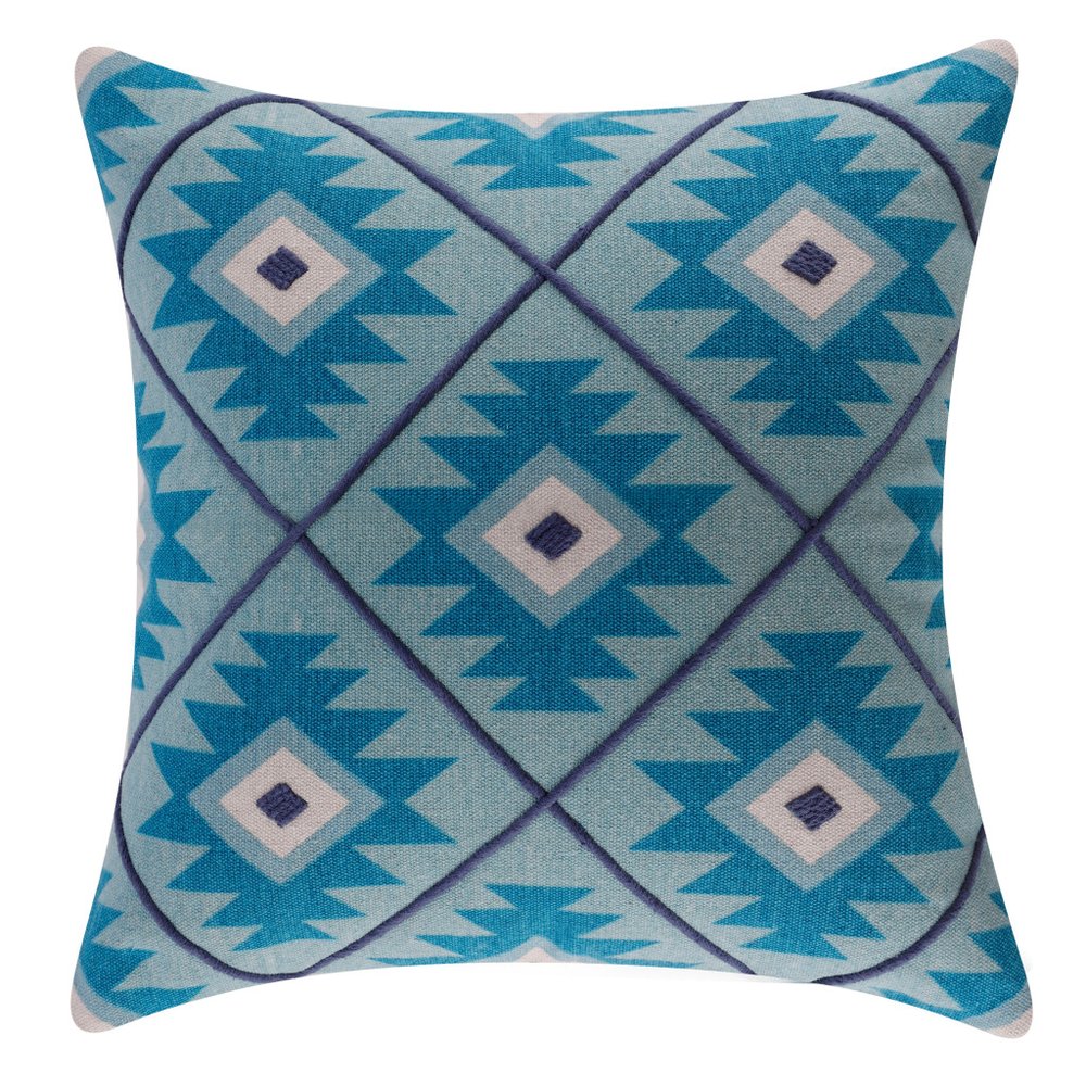 18" Blue And White Geometric Cotton Throw Pillow Cover