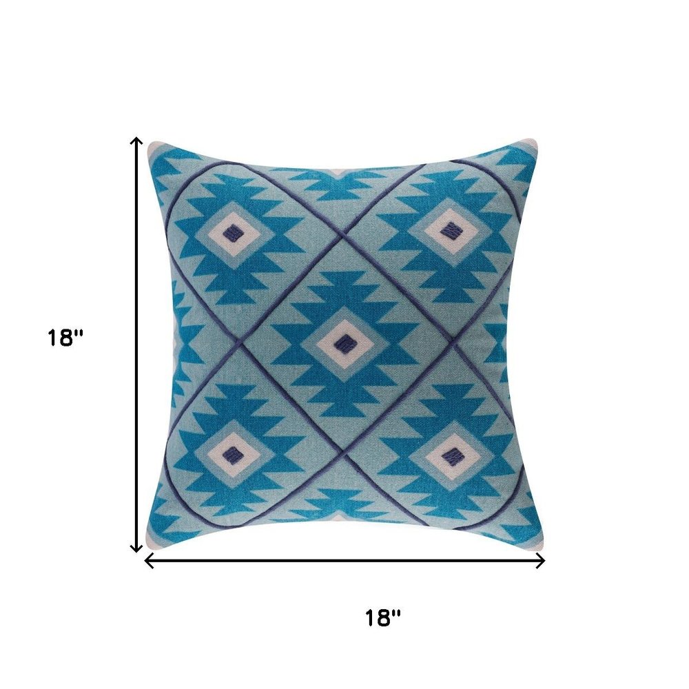 18" Blue And White Geometric Cotton Throw Pillow Cover