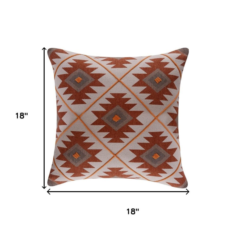 18" Rust And Off White Geometric Cotton Throw Pillow Cover