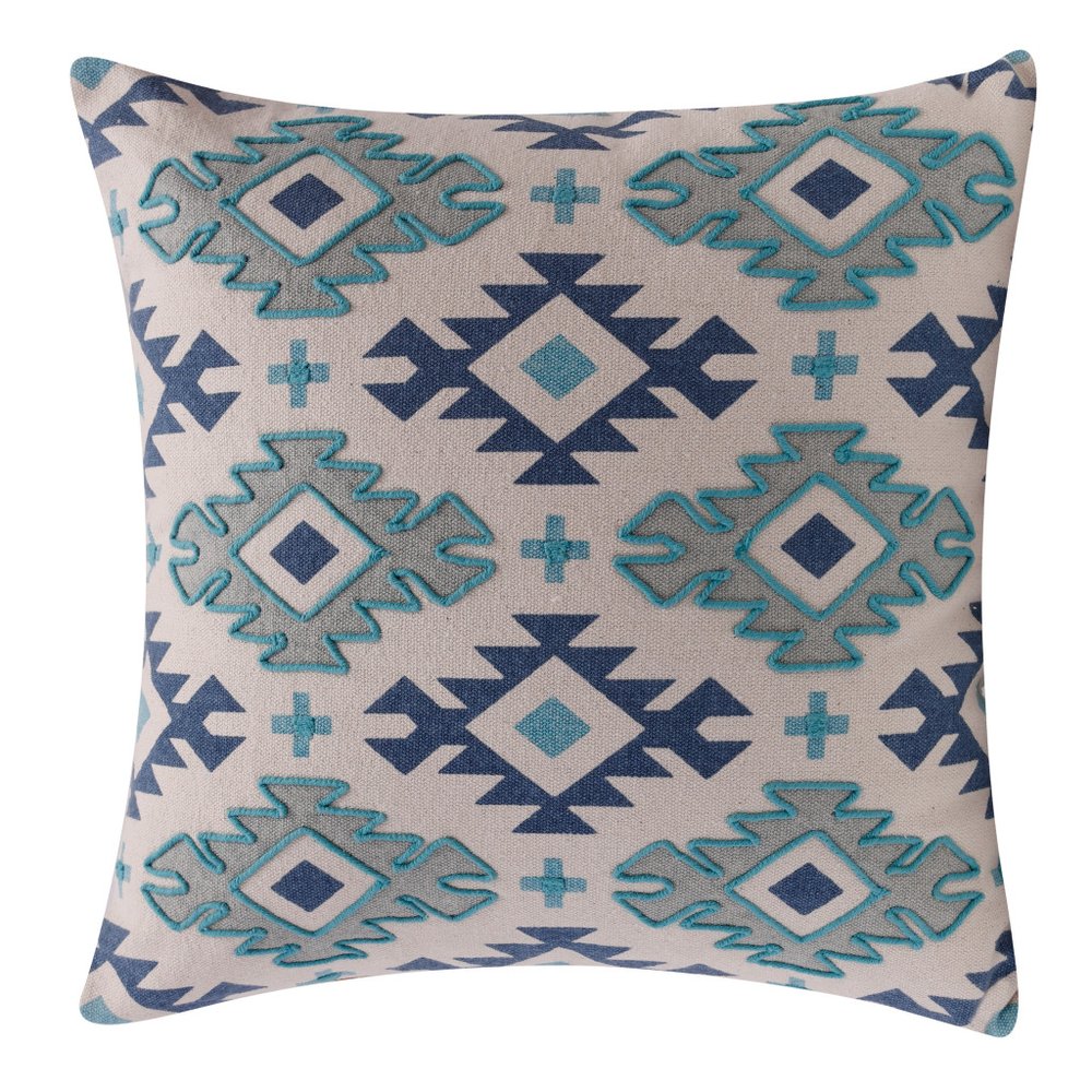 18" Navy Blue Light Gray And Light Blue Geometric Cotton Throw Pillow Cover