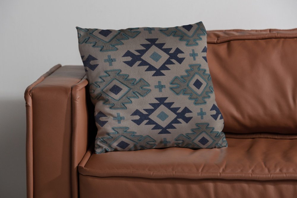 18" Navy Blue Light Gray And Light Blue Geometric Cotton Throw Pillow Cover
