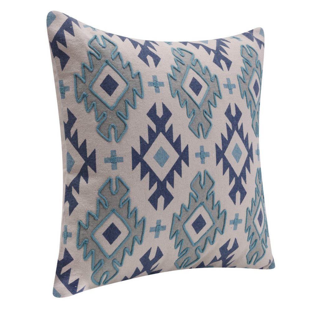 18" Navy Blue Light Gray And Light Blue Geometric Cotton Throw Pillow Cover