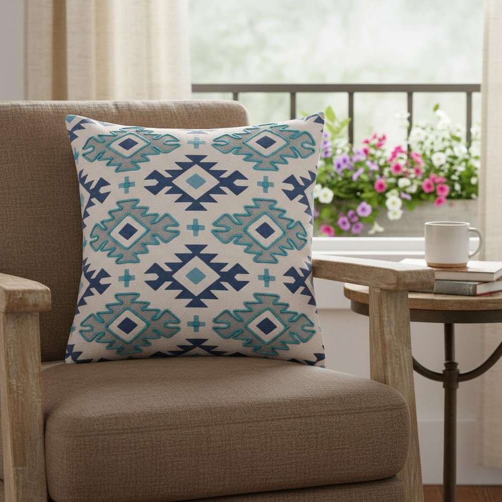 18" Navy Blue Light Gray And Light Blue Geometric Cotton Throw Pillow Cover