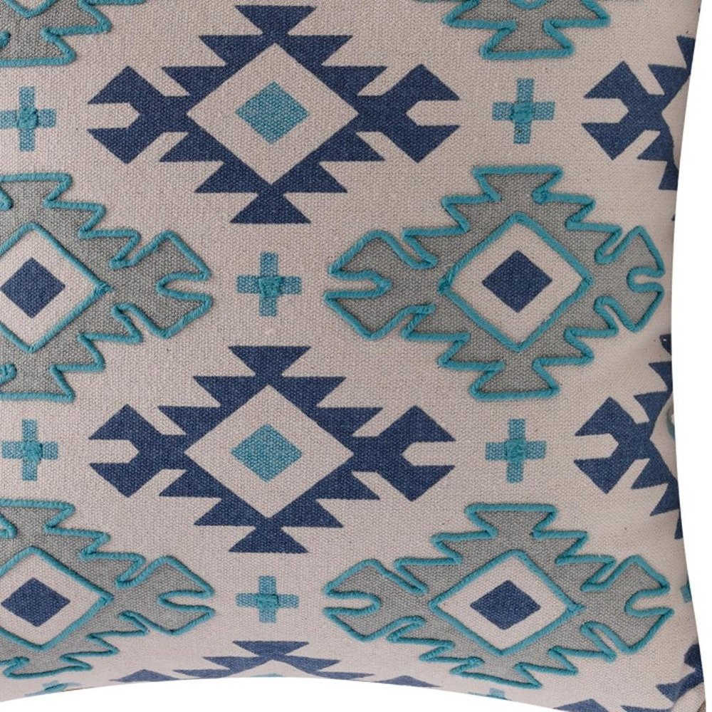 18" Navy Blue Light Gray And Light Blue Geometric Cotton Throw Pillow Cover