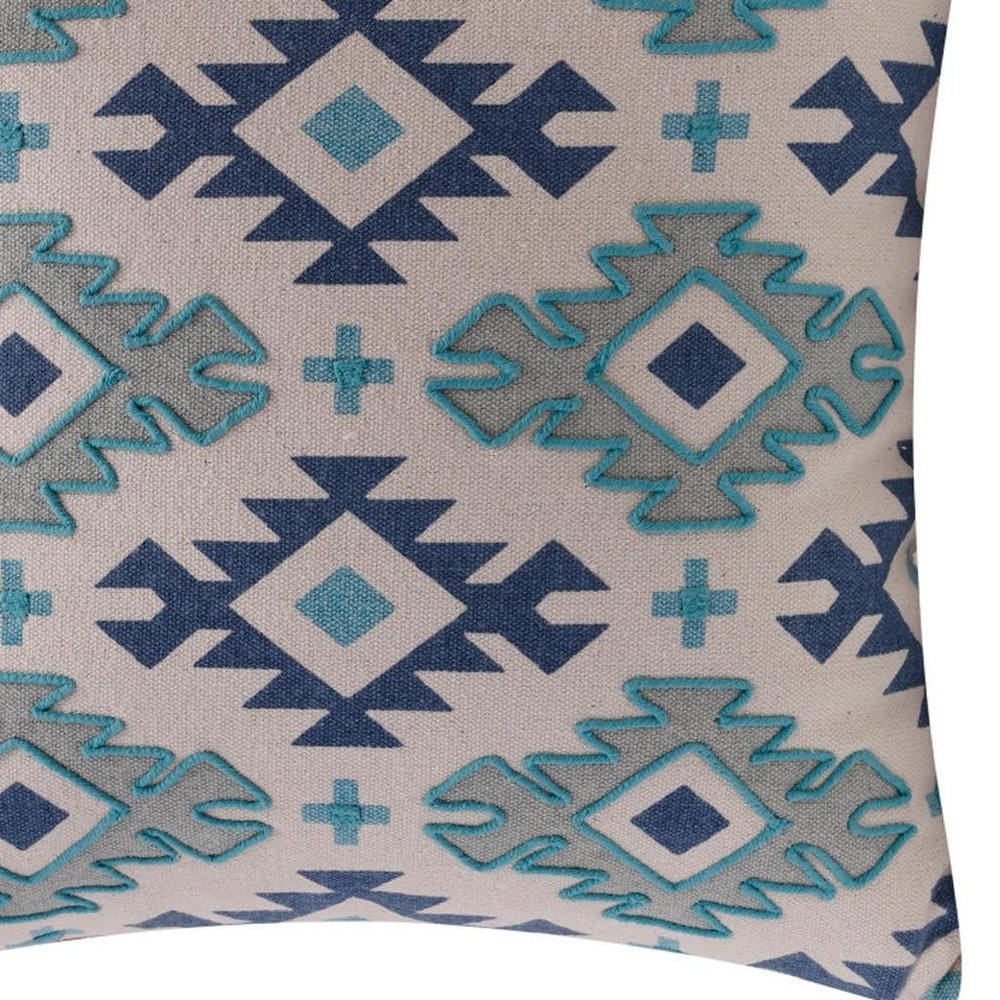 18" Navy Blue Light Gray And Light Blue Geometric Cotton Throw Pillow Cover