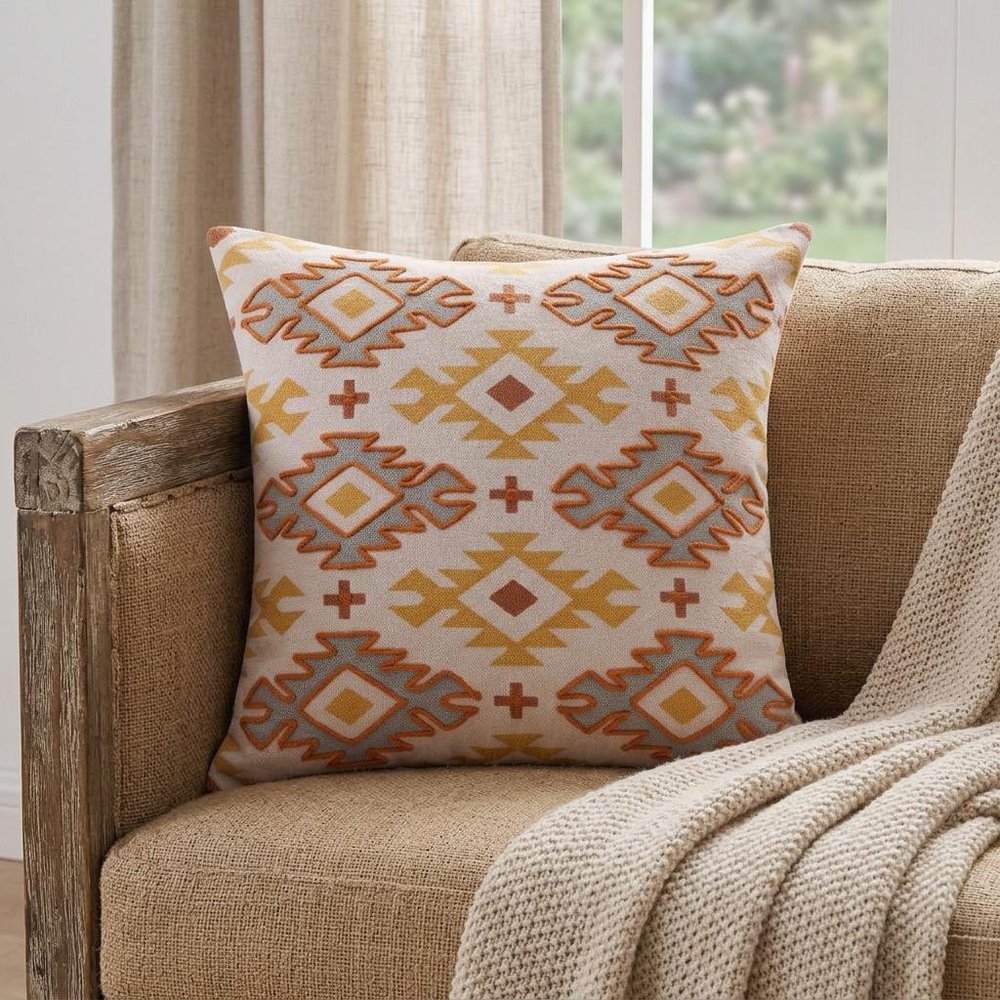18" Yellow Rust And Cream Geometric Cotton Throw Pillow Cover