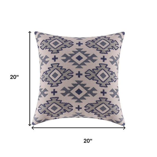 20" Blue And Gray Geometric Cotton Throw Pillow Cover