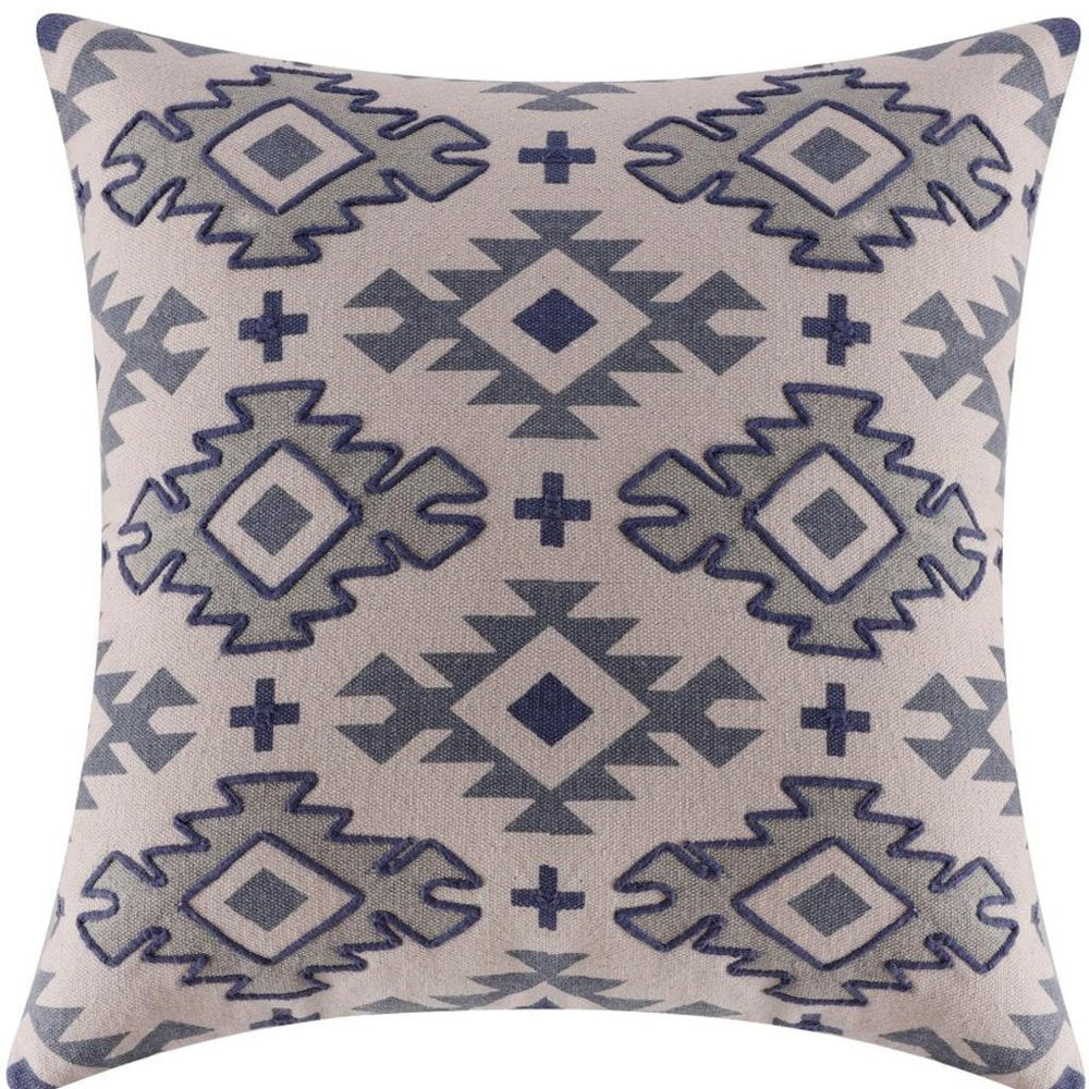 20" Blue And Gray Geometric Cotton Throw Pillow Cover
