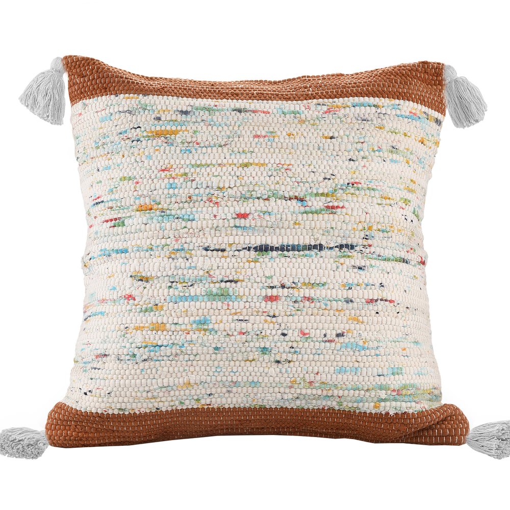 18" Brown Cream And Blue Color Block Cotton Throw Pillow Cover with Tassels