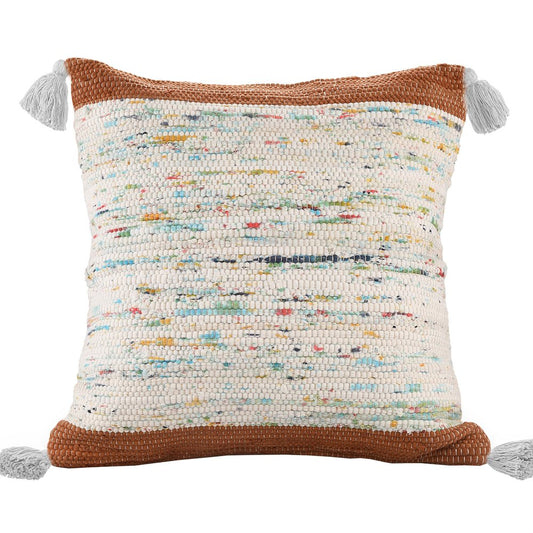 18" Brown Cream And Blue Color Block Cotton Throw Pillow Cover with Tassels