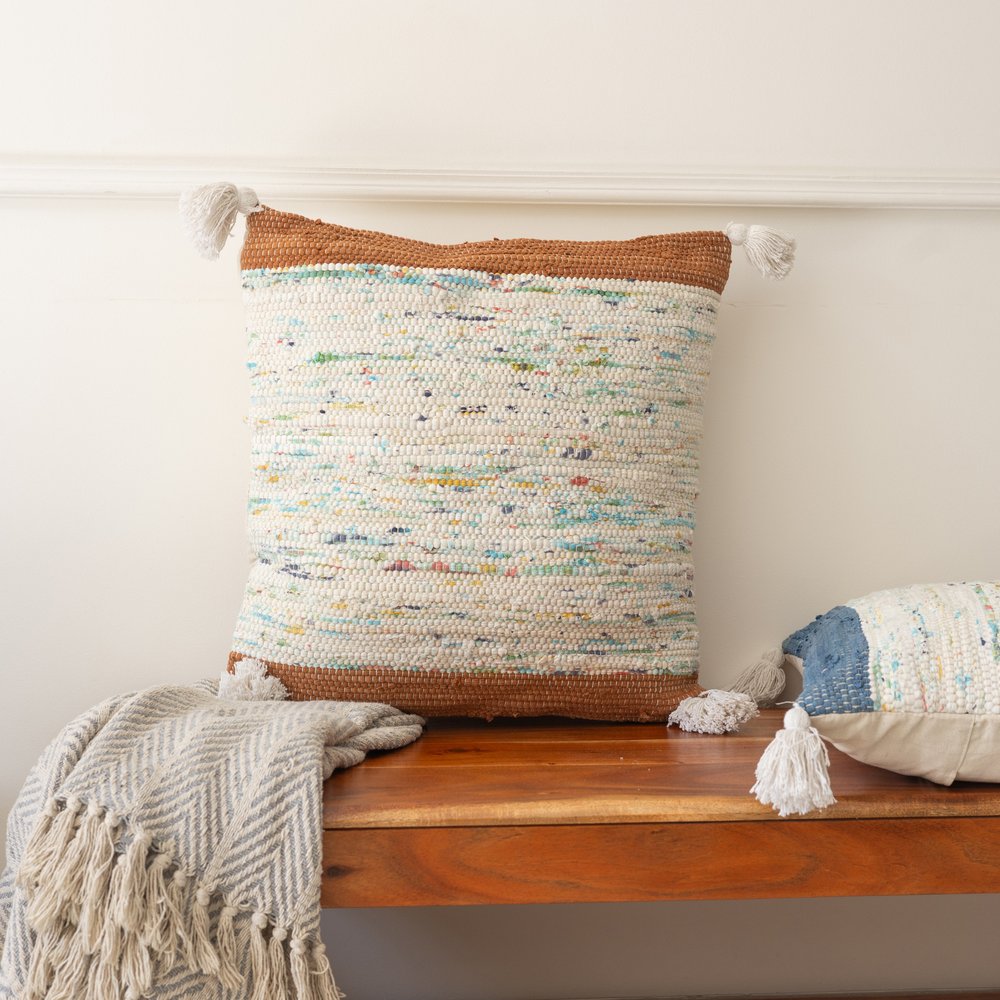 18" Brown Cream And Blue Color Block Cotton Throw Pillow Cover