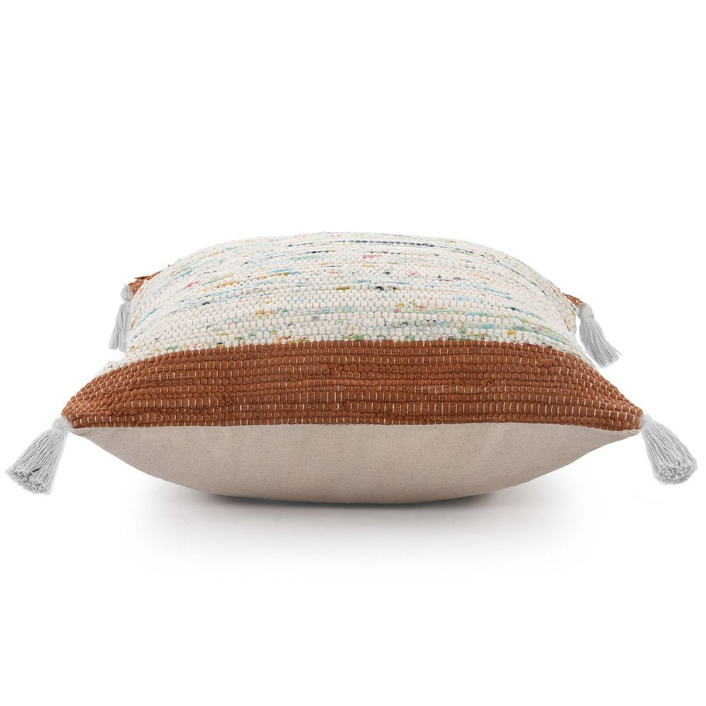 18" Brown Cream And Blue Color Block Cotton Throw Pillow Cover