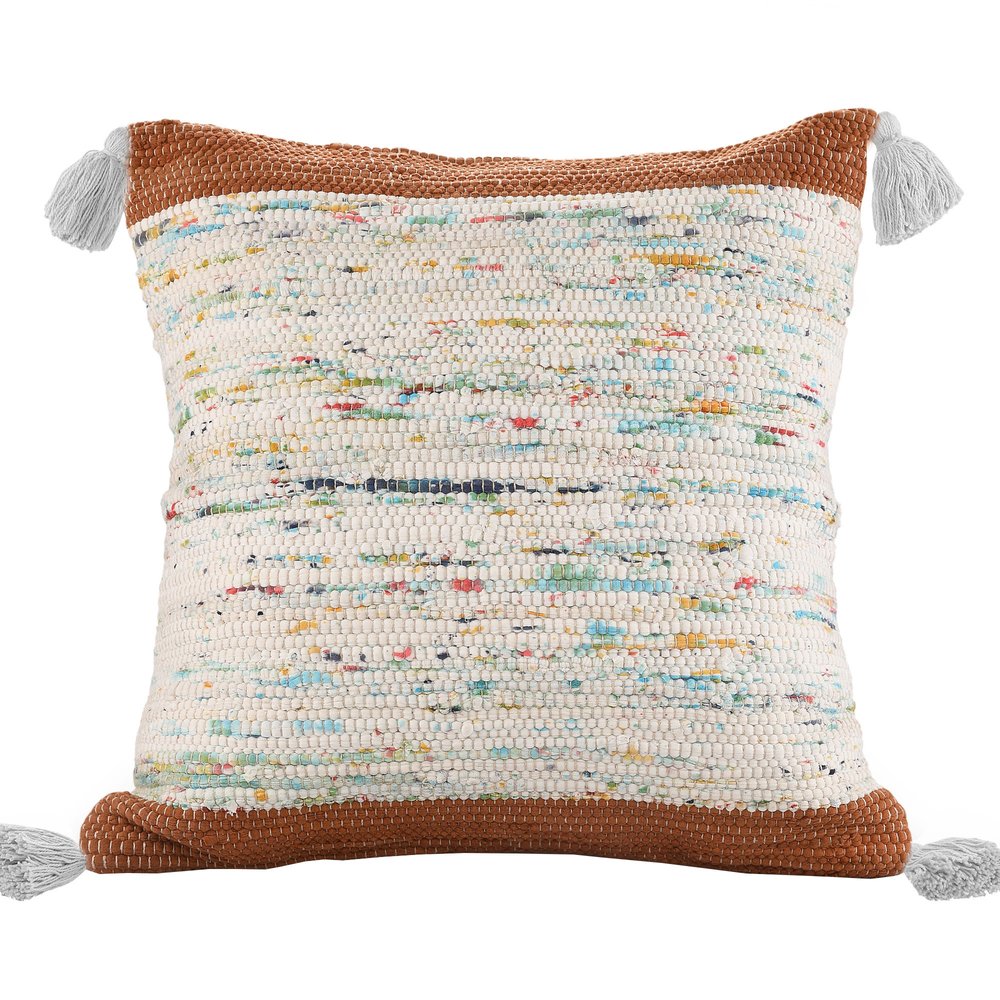 18" Brown Cream And Blue Color Block Cotton Throw Pillow Cover with Tassels