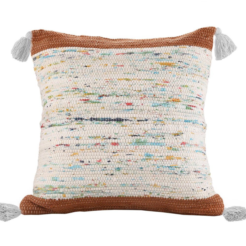 18" Brown Cream And Blue Color Block Cotton Throw Pillow Cover with Tassels