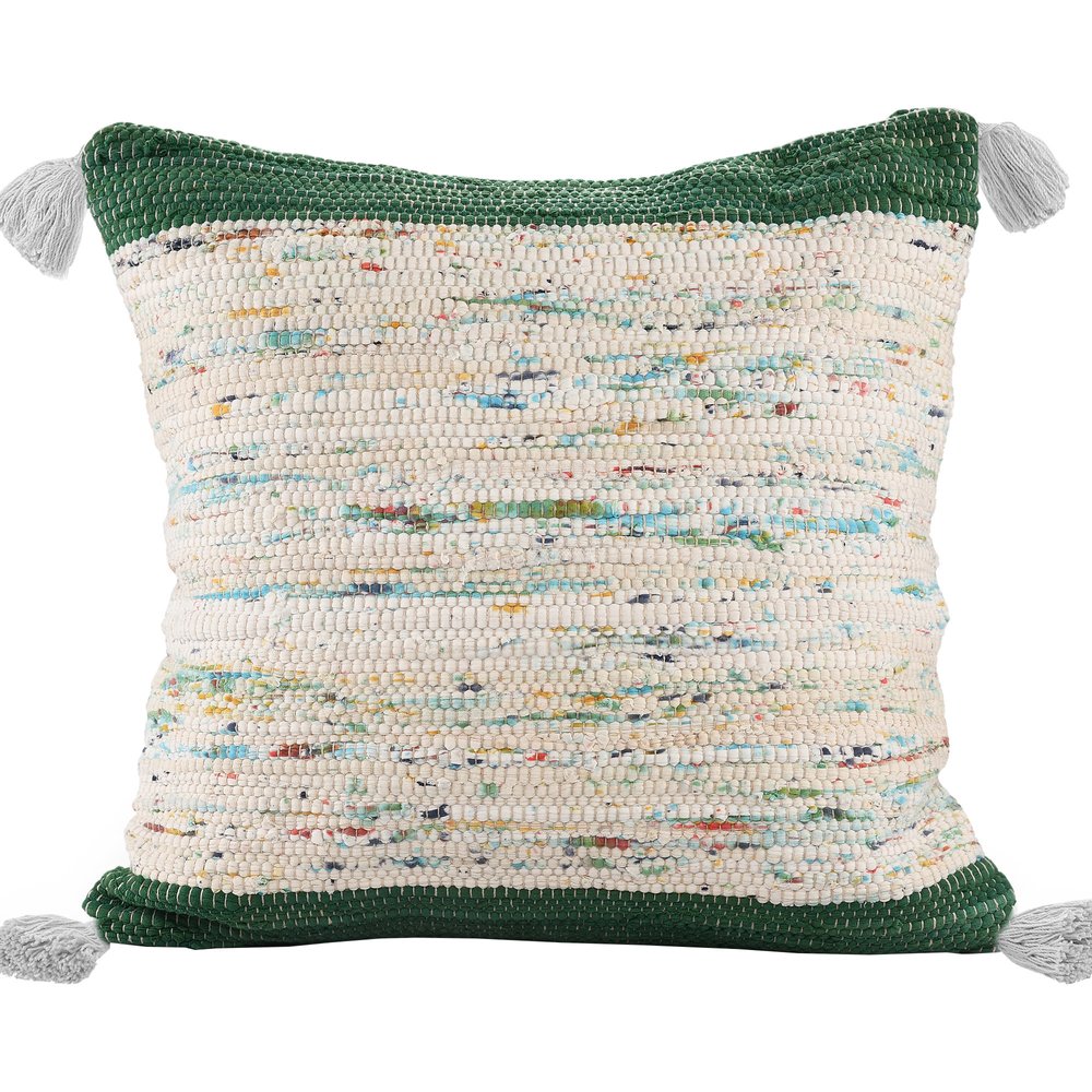 18" Green Cream And Blue Color Block Cotton Throw Pillow Cover with Tassels