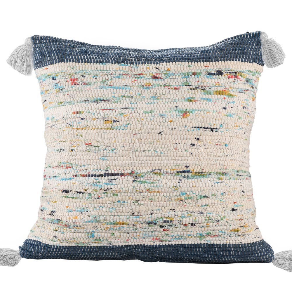 20" Blue And Cream Color Block Cotton Throw Pillow Cover with Tassels