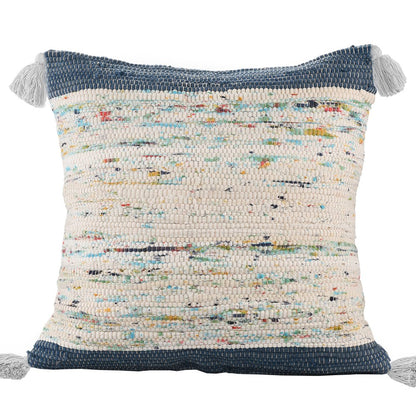 20" Blue And Cream Color Block Cotton Throw Pillow Cover with Tassels
