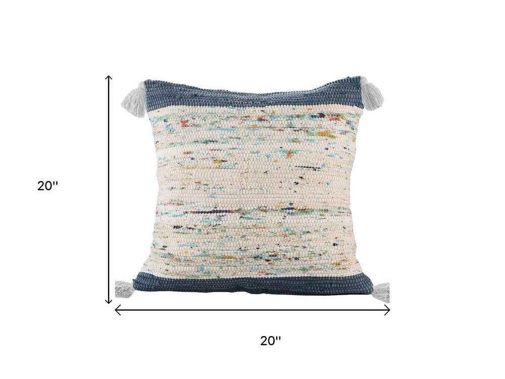 20" Blue And Cream Color Block Cotton Throw Pillow Cover with Tassels