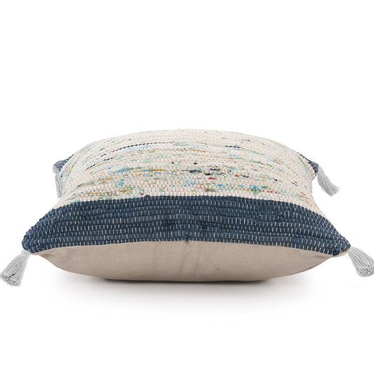 20" Blue And Cream Color Block Cotton Throw Pillow Cover