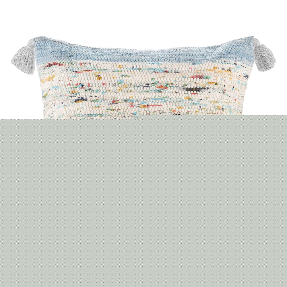 20" Light Blue And Cream Color Block Cotton Throw Pillow Cover with Tassels