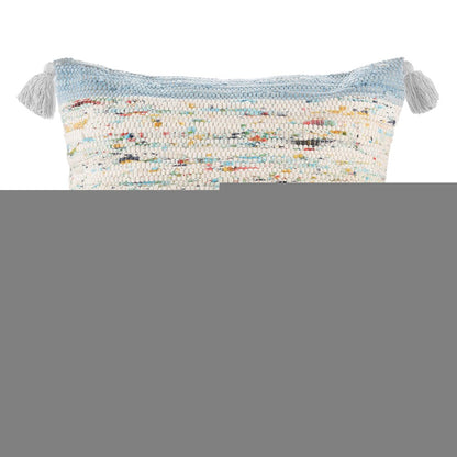 20" Light Blue And Cream Color Block Cotton Throw Pillow Cover with Tassels