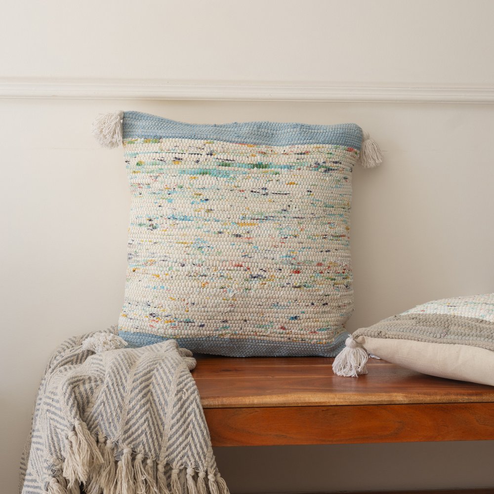 20" Light Blue And Cream Color Block Cotton Throw Pillow Cover