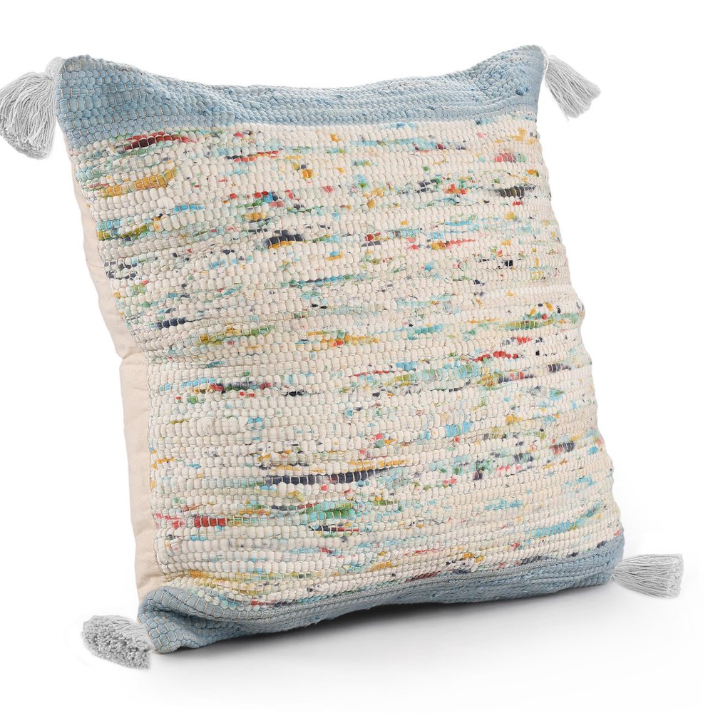 20" Light Blue And Cream Color Block Cotton Throw Pillow Cover with Tassels