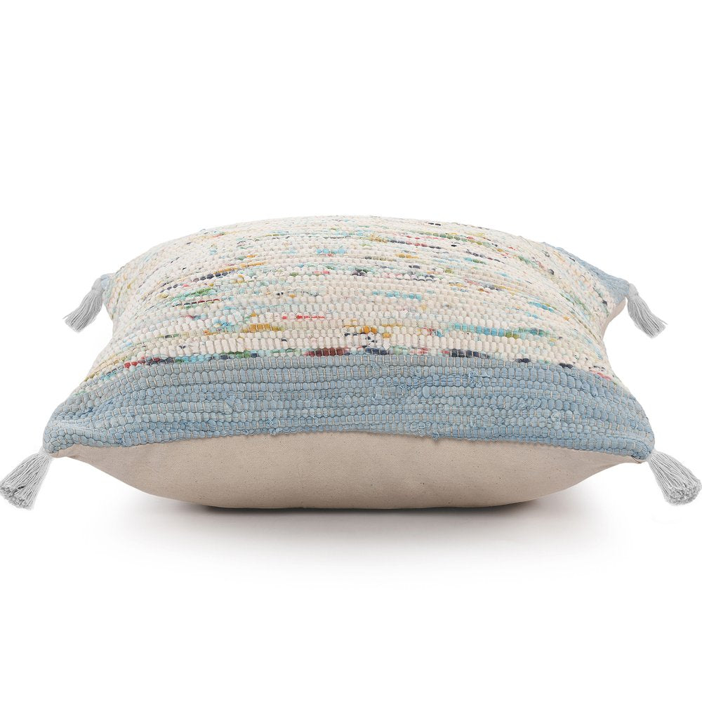 20" Light Blue And Cream Color Block Cotton Throw Pillow Cover